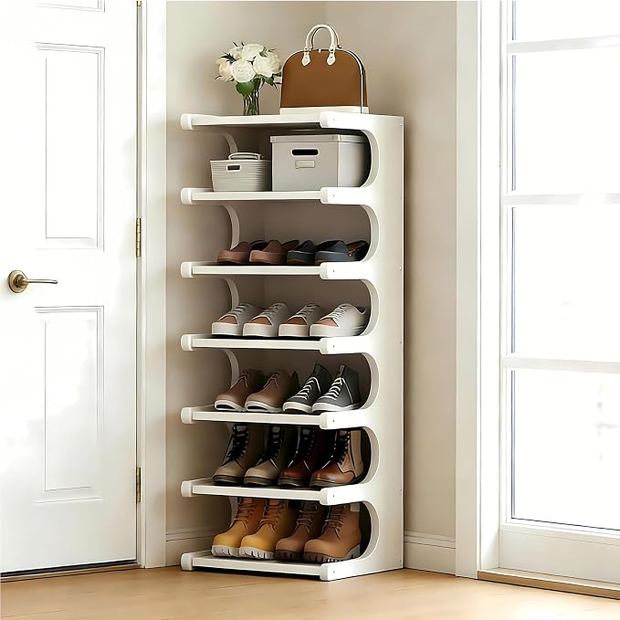 7-Tier Vertical Shoe Rack, Bamboo Free Standing Shoe Rack Shelf, Shoe Storage Stand, Entryway Shoe Tower, Vertical Shoe Organizer for Narrow Closet, Entryway, Hallway