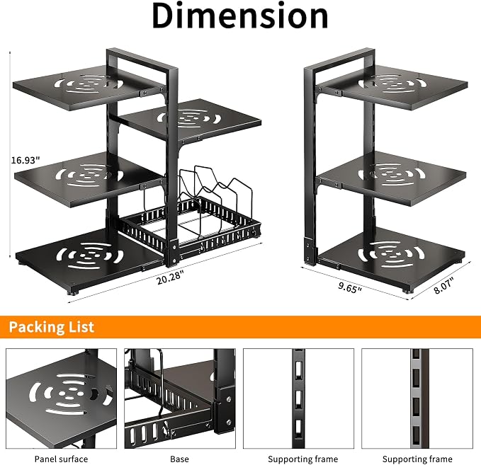 PureBox Pots and Pans Organizer Rack with Lid Holder – 8 pots, Solid Steel Shelves Heavy Duty Adjustable Under Cabinet Pot Rack, Double-Sided Cabinet Organizer, Black