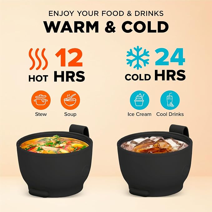 ENERGIFY Vacuum Insulated Food Jar. Large 17oz Bowl incl. Folding Spoon, Cup. Wide Mouth Keep Hot & Cold Drinks Soup Lunch Container for Adults. BPA-Free Stainless Steel, Leak Prooff Black Matte