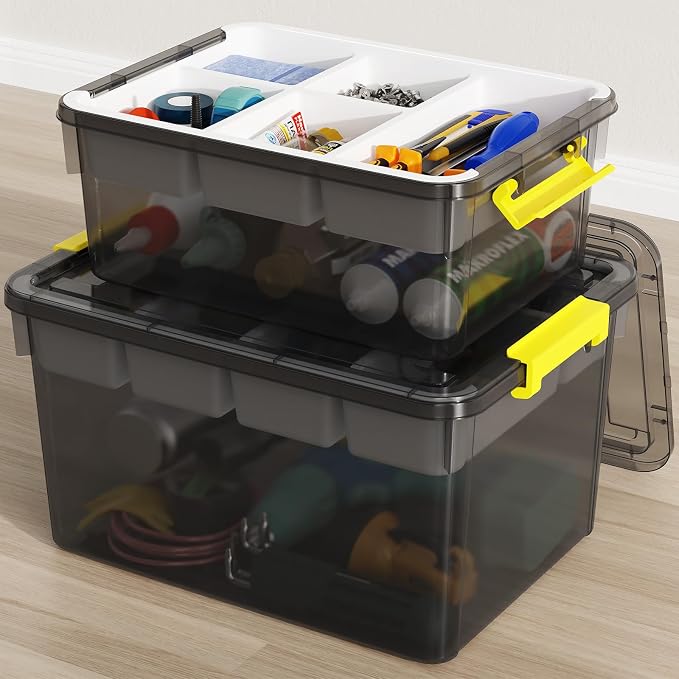 20Qt & 40Qt Stackable Storage Bins with Lids & Trays, Clear Plastic Latching Boxes Organizers with Dividers Portable Containers for Arts & Crafts,Home &Car Trunk Organization,Clear Grey,2Pack