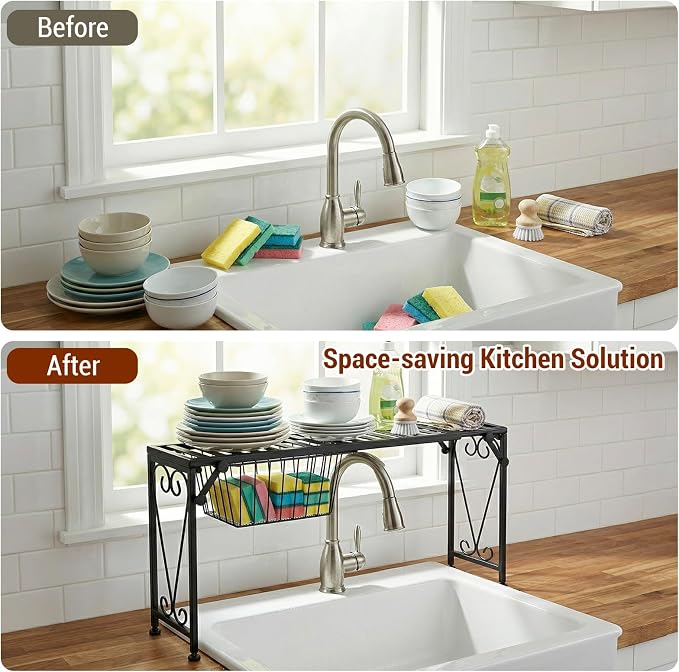 MyGift Expandable Black Metal Over Sink Shelf with Pull Out Drawer | Kitchen & Bathroom Organization, Countertop Space Saver, Adjustable Design, Hidden Drawer, Decorative Scrollwork Accent