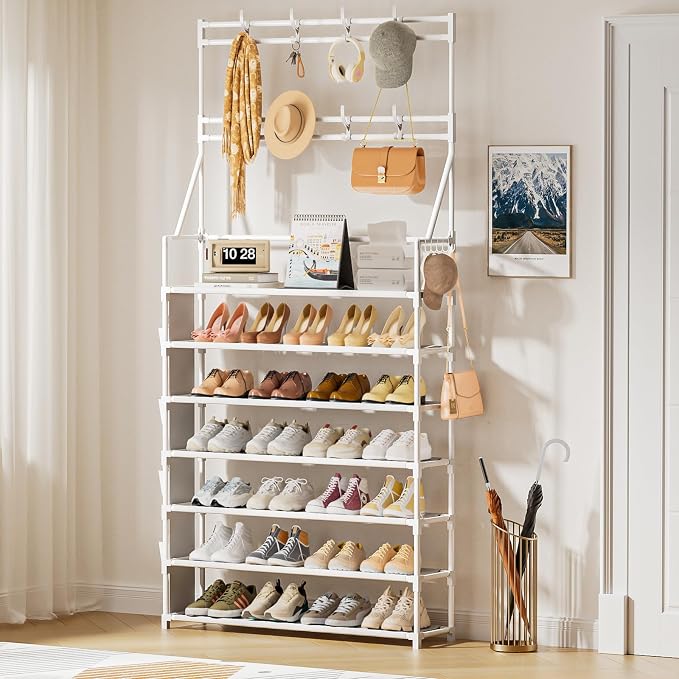 OYREL Shoe Rack 7 Tier Sturdy Shoe Racks Organizer for Closet | 28-35 Pairs Large Capacity Shoe Storage Rack with Multifunctional 5 Hooks and Side Pocket for Entrance Entryway