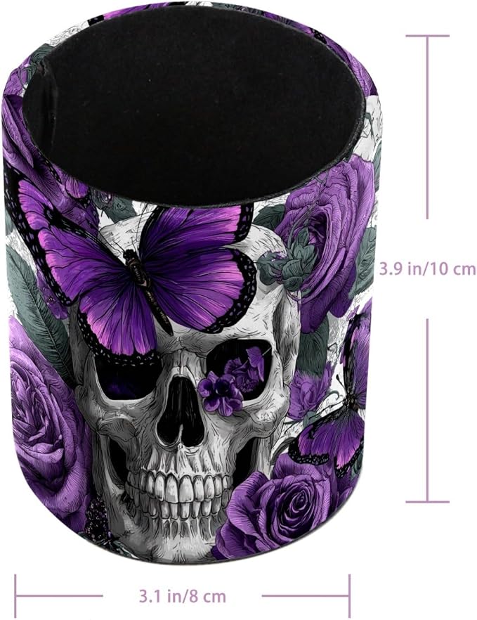 Faux Leather Pen Holder for Desk, Pencil Organizer Purple Butterflies and Skulls Pen Cup Desk Decor Makeup Brush Holder Storage for Office Home