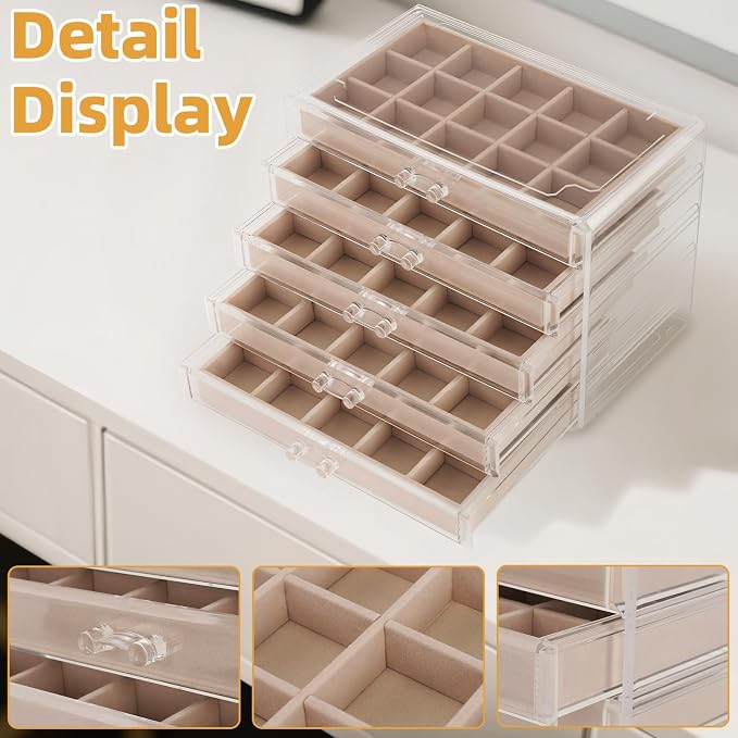 Jewelry Box Organizer,Clear Acrylic Storage Box Organizer with 5 Drawers | Adjustable Velvet Divided Trays Grid Size Design Large Jewelry Storage Box Clear Jewelry Organizer Gift for Women Girls