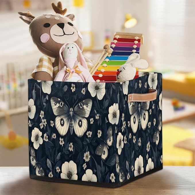 TropicalLife Flowers Moths Storage Cube, 13 Inch Fabric Cube Storage Organizer Bin for Shelves Clothes, Decorative Foldable Storage Boxes