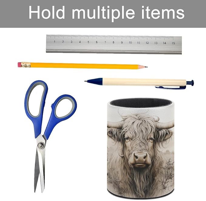 Highland Cow Pen Holder Pencil Cup for Desk Organizer | Cute Makeup Brush Holder PU Multifunctional Office Suppliesfor Decor Home Classroom School