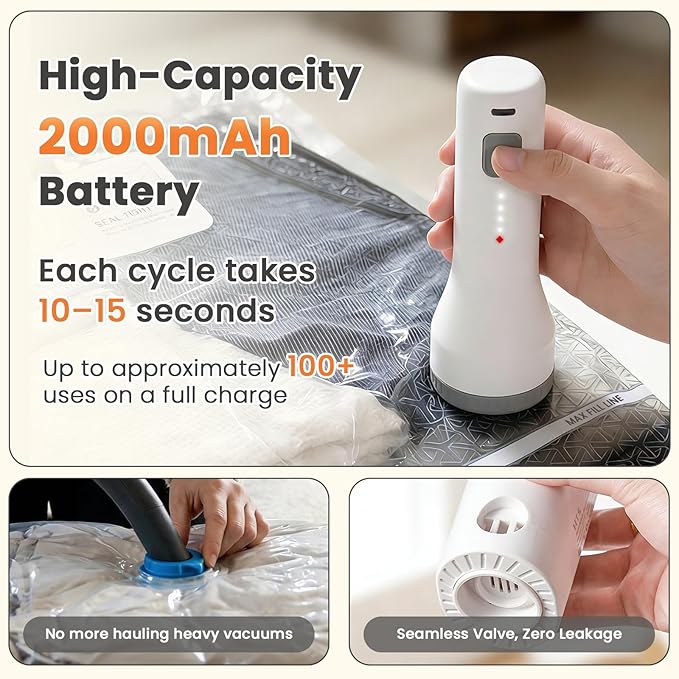 Upgrade 15 Pack Travel Vacuum Bags with 2000mAh Rechargeable Electric Pump, Reusable Vacuum Bags for Clothes Space-Saving Organizer for Luggage, Suitcase, Vacation