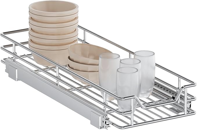 Pull Out Cabinet Organizer, 10.5" W x 18" D, Heavy Duty Chrome Slide Out Shelf for Narrow Base Cabinets, Sliding Wire Basket Drawer for Spices, Bottles, Snacks & Cleaning Supplies