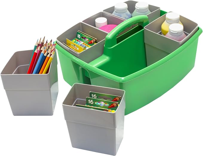Storex Large Classroom Craft Caddy with Cups, 13 x 11 x 6.575 Inches, Green, Case of 2 (00983A02C)