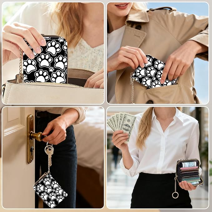 Credit Card Holder for Women,Small Rfid Wallet with Keychain Zipper,Cute PU Leather Card Case Wallet，Accordion Credit Card Wallets Gift,Black and white paw prints