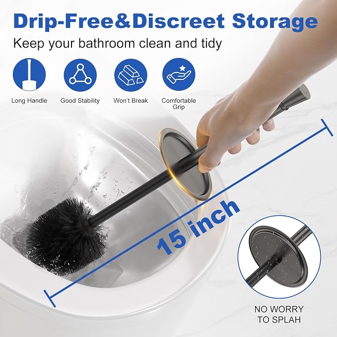 Toilet Brush and Holder Set：304 Stainless Steel Heavy Duty Toilet Bowl Brush，Removable Inner Bowl and Splash Protection，Bathroom Toilet Brush-Dense Bristles for Through Cleaning