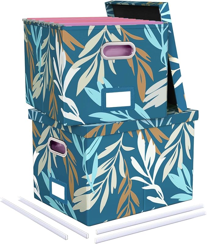 Oterri 2 Pack File Storage Organizer, Document Organizer, Portable File Box with Lid, Fit for Letter/Legal File Folder Storage,Leaf Blue-Box only
