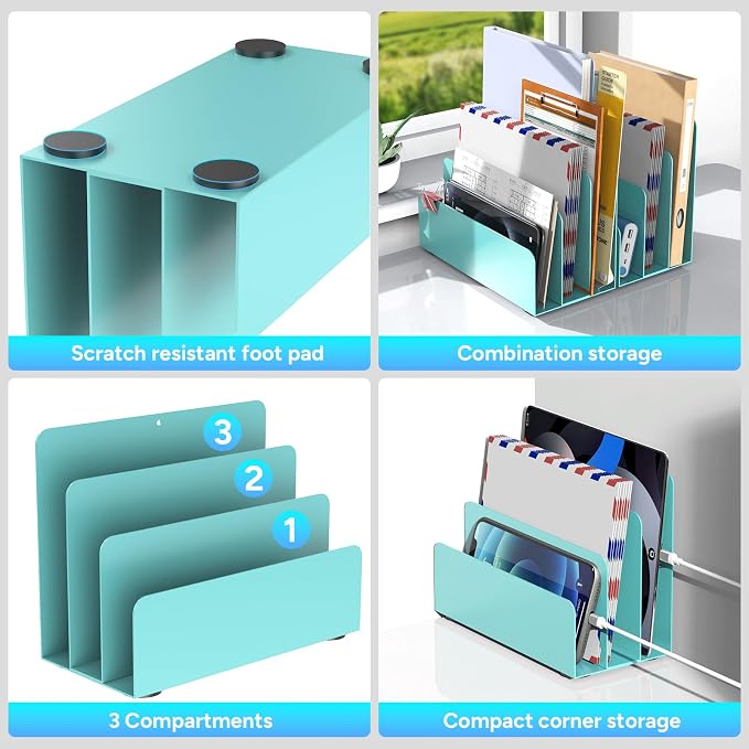 Mail Organizer Countertop | Small Desk File Organizer, Metal File Holder - Essential Workspace Organizers for Office Desk, Home Office (Blue)