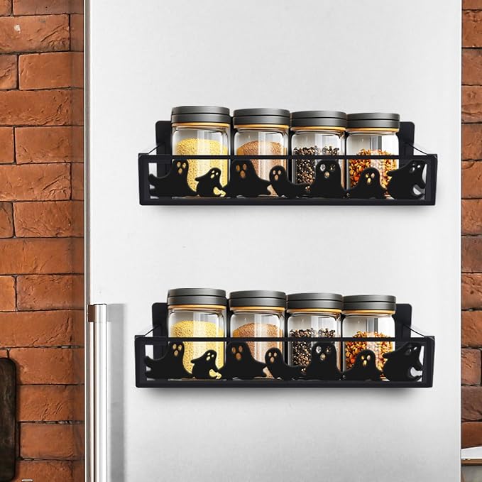 JarThenaAMCS 2Pcs Halloween Magnetic Spice Rack for Refrigerator Black Ghost Metal Basket Shelf Seasoning Storage Organizer Holder for Home Kitchen Fridge Decor Accessories