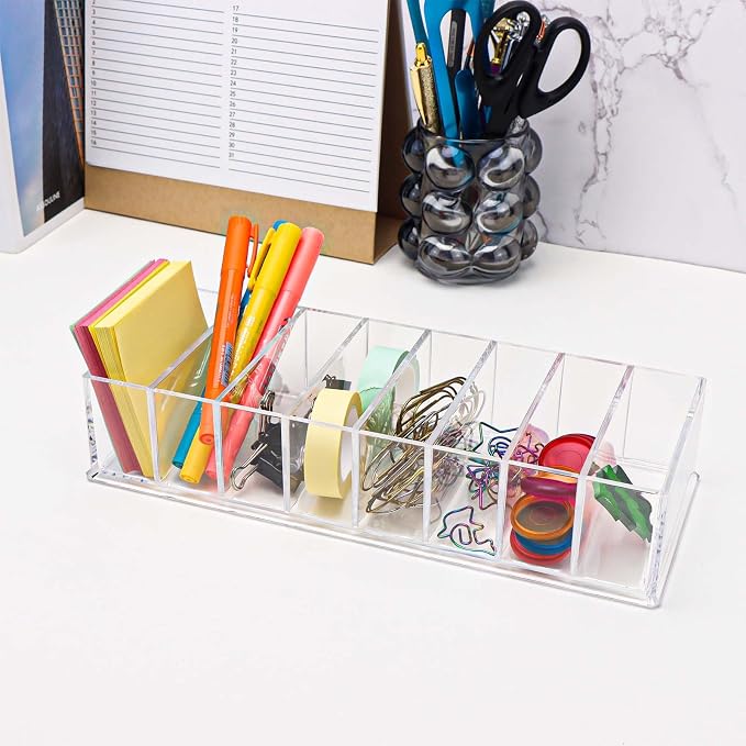 MEI YI TIAN Clear PS Stationery Organizer Large Pen Holder Detachable Storage Boxes 8 Compartments Case Compact Makeup Organizer for Desk Drawer