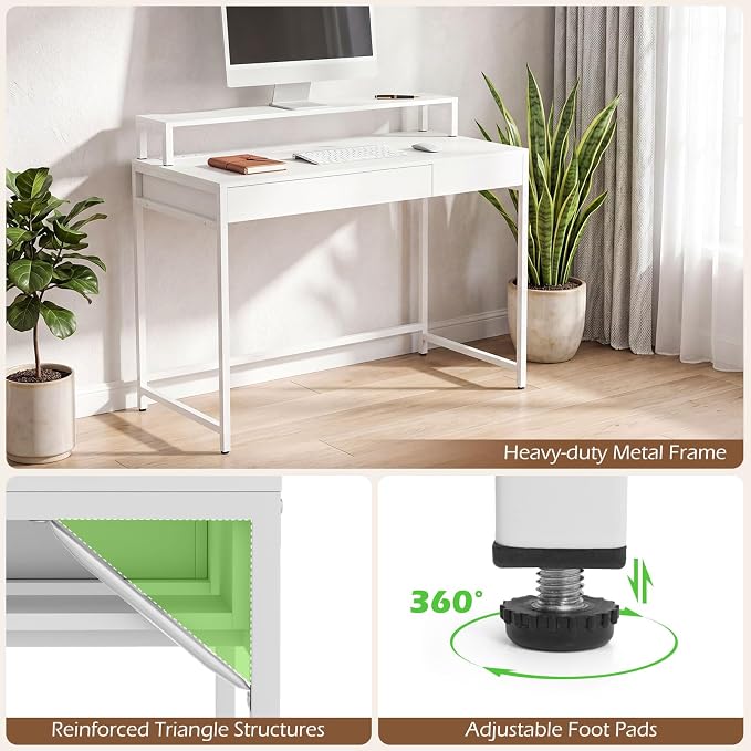 Tangkula Computer Desk with Dual-use Drawer & Keyboard Tray, Home Office Desk with Removable Monitor Shelf & Power Outlets, Modern Writing Desk Study Table for Home Apartment Dorm (White)