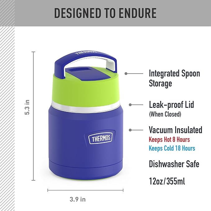 THERMOS ICON Stainless Steel Food Jar with Spoon, 12 Ounce, Blue