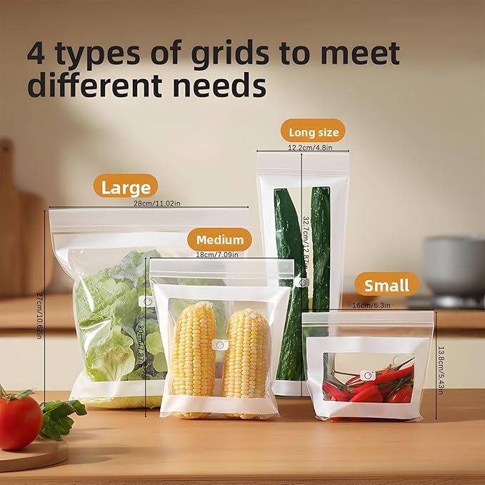 Kitchen Food Grade Fresh Keeping Bags, Reusable Sealed Bags for Vegetables & Fruits, Clear Plastic Storage Bag for Refrigerator, Dual Interlocking Seal (M, 25counts)