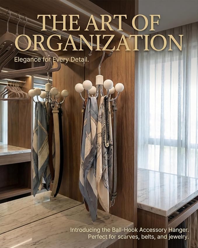 4 Pack Hoodie Hangers 360° Swivel Hooks with Wood Balls for Storage, White | Hanging Closet Hat Purse Tanktop Handbag Necklace Organizer Bra Hanger and Storage Save Space