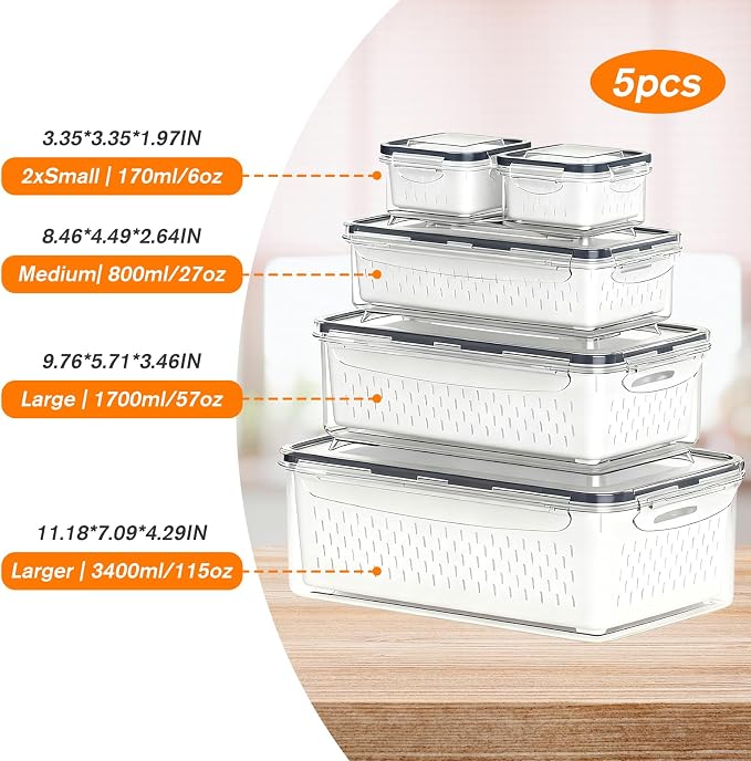 KUK 5 Pack Fruit Storage Containers for Fridge, Stackable Leakproof Food Keeper with Removable Colander, BPA-Free Produce Saver for Vegetables, Berries & Meat
