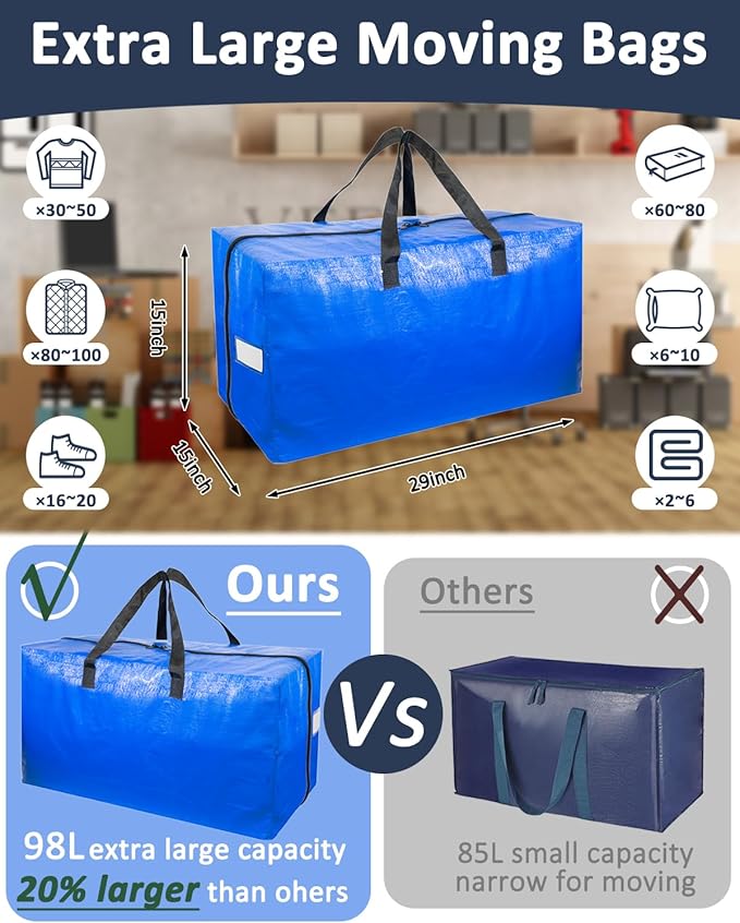 Extra Large Moving Bags with Strong Handles, 6 Pack Heavy Duty Storage Bags with Smooth Zipper, Oversized Storage Tote for Clothes Moving Supplies Dorm Essentials Household Containers