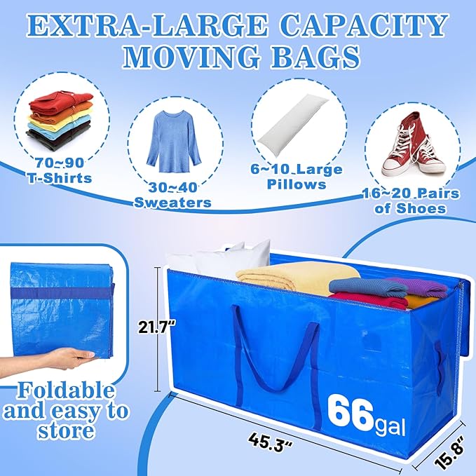 Bigmeta 66 Gallon Extra Large Moving Bags - Heavy Duty Storage Bags with Zipper & Strong Handles, Blue Packing Bag for Moving, Storage, Travel and Camping, College Dorm & Home Supplies, 4 Pcs