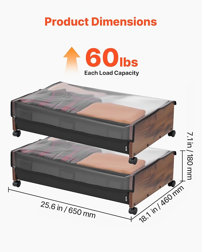 VEVOR Under Bed Storage with Wheels, 36.0 x 18.1 x 7.3 inch, Underbed Containers with Clear Lid, Underbed Shoe Organizer, Rolling Under the Bed Storage Bins for Clothes Shoes Blankets Bedroom, 2 Pack