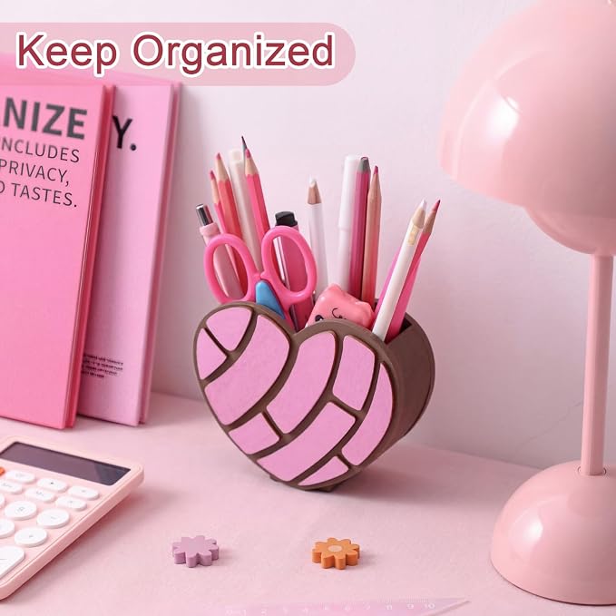 Tenceur Mexican Concha Pen Holder Pink Heart Large Capacity Pencil Holder Cute Mexican Decor Pencil Cup Pot Desk Organizer for Office Makeup Brush Holders Funny Christmas Gift for Women coworkers