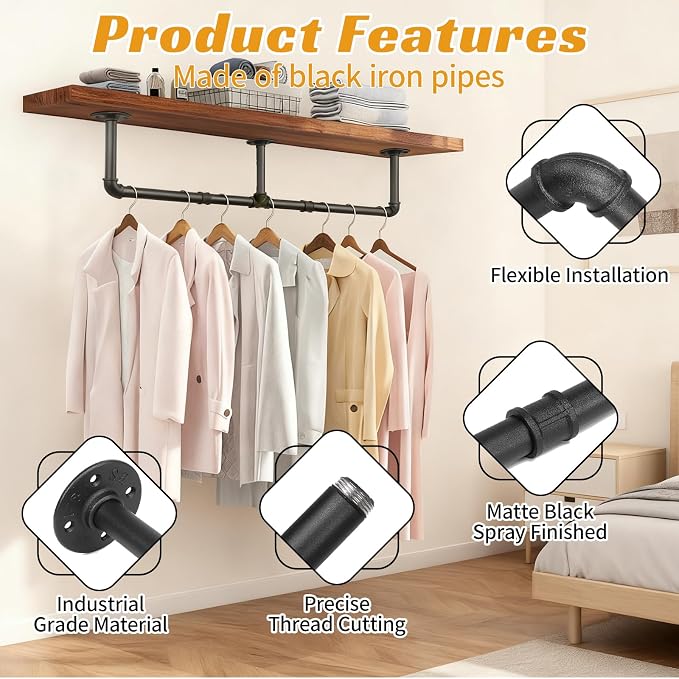 60 INCH Industrial Pipe Clothes Rack,Wall Mounted Clothes Rack,Metal | 150lbs Max Heavy Duty Clothing Rack,Powder Coating Surface,Space-Saving Hanging Rod for Laundry Room,Bedroom,Closet Storage