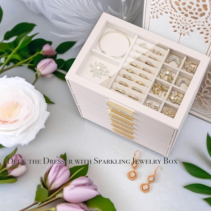 VLANDO 6-Drawer Jewelry Box with Glass Lid, Faux Leather Organizer for Rings Earrings Necklaces and More, Gift-Ready Jewelry Case for Women Girls or Moms, Pink Beige