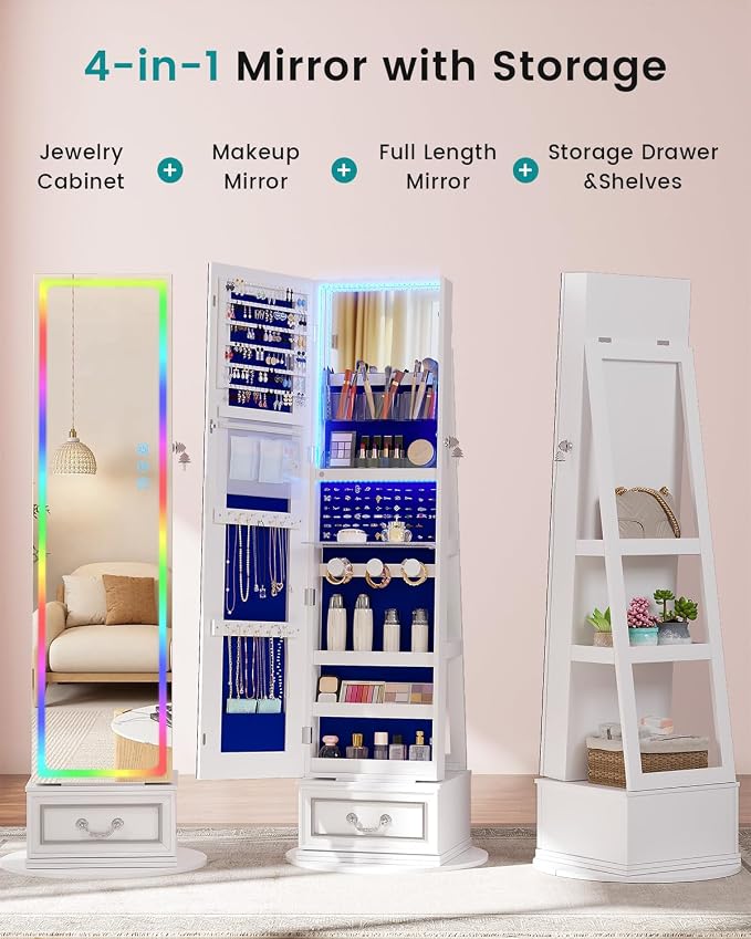 Vlsrka Jewelry Armoire with Full Length LED Mirror, 360° Swivel, White | Standing Mirror with Storage, Lockable Jewelry Cabinet with Touch Screen & RGB Modes for Small Bedroom Spaces, Gift for Women