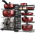 7-Tier Pots and Pans Organizer Under Cabinet - Cooking Pot Lid Organizer for Cabinet with Basket for Utensils, Lid Rack - Adjustable Vertical Holder Cookware Storage, Steel Pot Rack for Kitchen