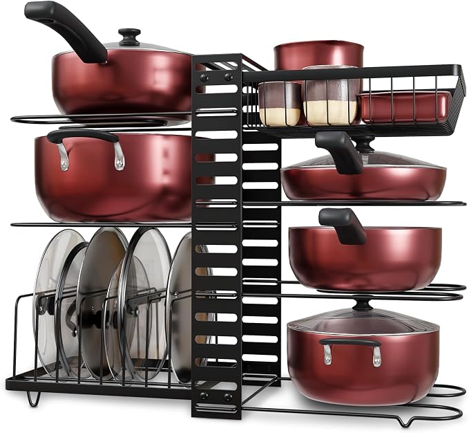 7-Tier Pots and Pans Organizer Under Cabinet - Cooking Pot Lid Organizer for Cabinet with Basket for Utensils, Lid Rack - Adjustable Vertical Holder Cookware Storage, Steel Pot Rack for Kitchen