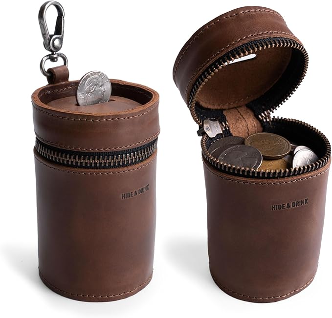 Hide & Drink Genuine Leather Coin Pouch Piggy Bank, Cash Holder Organizer, Coin Purse for Men & Women, Money Saving Box, Men's Change Purses & Pouches, Small Mens Wallet for Coins, Zippered Case Banks