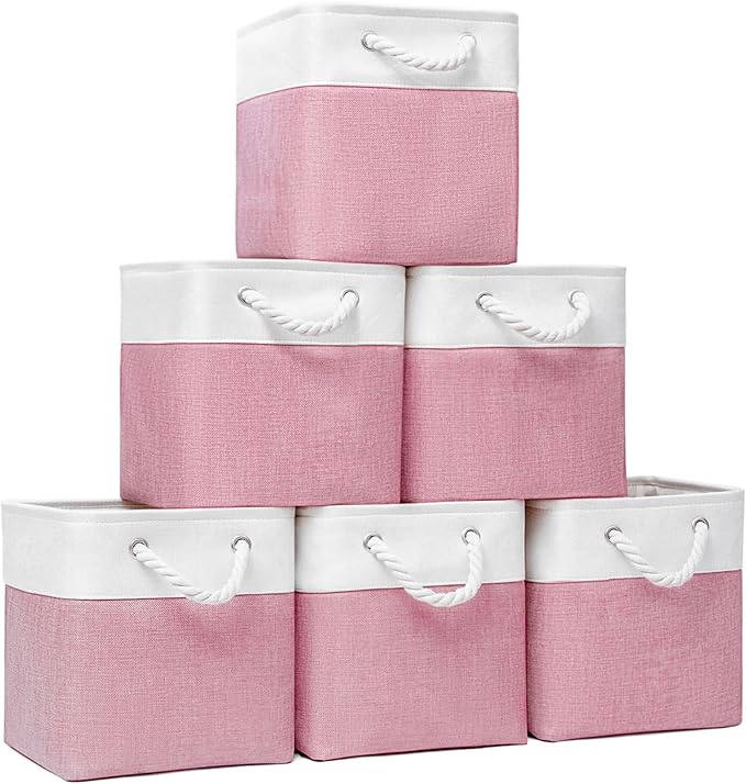 Cube Storage Bins, Collapsible Fabric Storage Cubes Bins, 11 Inch Cube Storage Bins with Handles, Foldable Storage Cubes (Pink, 10.5 * 10.5 * 11inch)
