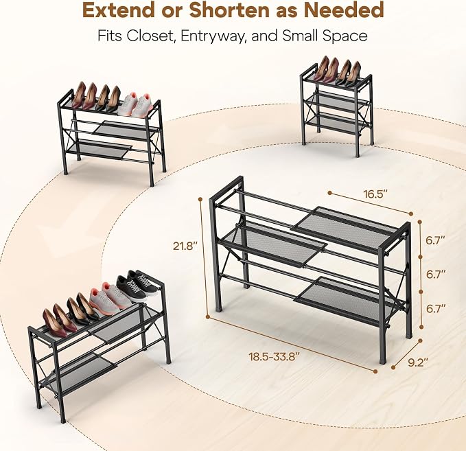 YEASHEIN 3-Tier Expandable Shoe Rack Organizer with Wire Mesh Shelf - Black | Sturdy Metal Shoe Shelf with 4-Tier Storage, Adjustable Shoe Stand, Free Standing Shoe Rack for Closet, Entryway, Garage