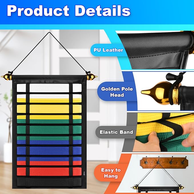 Cosmos Karate Belt Display Rack Holds 10 Belts, Taekwondo Belt Display Holder, Martial Arts Belt Organizer, Folding Design, Jiu Jitsu Belt Hanging Holder for Martial Arts Learners, Belt NOT Included