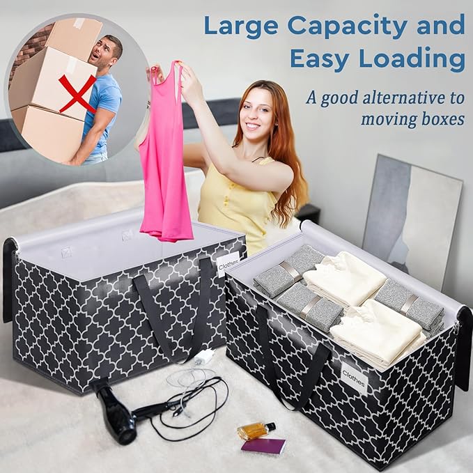 Extra Large Moving Bags, Heavy-Duty Storage Totes with Zipper Top and Sturdy Handles, Moving Supplies for Space Saving and Packing, Collapsible Storage Bags, Black & Gray, 125L, 6-Pack