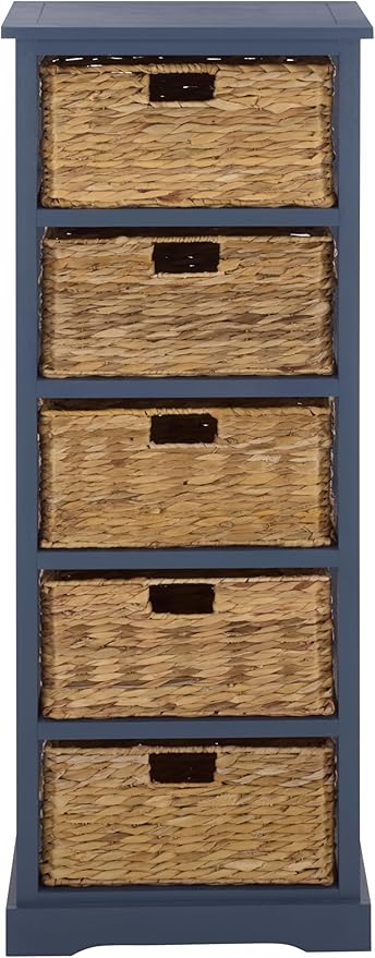 SAFAVIEH Home Collection – Vedette Blue 5-Basket Storage Tower, Natural Rattan Accent Design, Fully Assembled (AMH5739H)