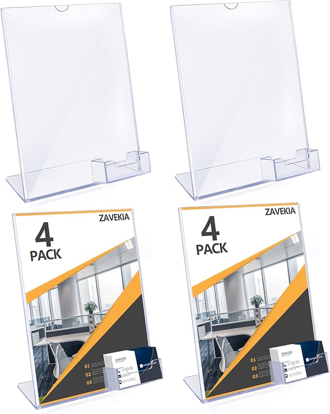 zavekia 8.5 x 11 Acrylic Sign Holder with Business Card Holder, Brochure Display Stand for desktop (8.5 x11 in/4 pack)