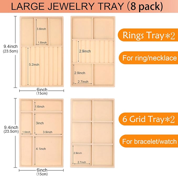 Set of 8 Velvet Jewelry Trays X-Large Stackable Jewelryy Organizer Drawer Insert Divided Jewellry Storage Holder, Earring Ring Brooch Necklace Bracelet Watch Display Tray