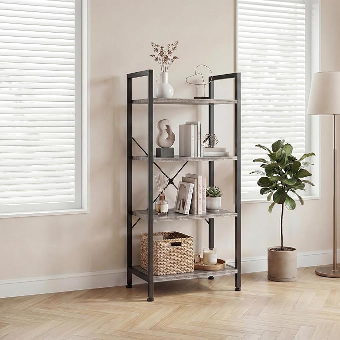 DUMOS 4 Tiers Open Bookshelf, Classic Freestanding Tall Display Shelf | Multifunctional Storage Organizer Rack for Living Room Home Office, Sturdy Bookcase for Books/Movies, Wood Grey