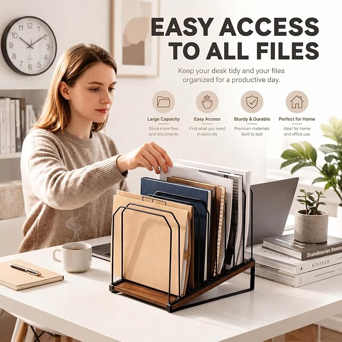 Novabright 1 Pack Inclined Desk File Organizer 9 Section Metal Vertical Folder Holder with Wooden Base Desktop Mail Sorter Step Magazine Document Paper Binder Holder for School Classroom Home Office