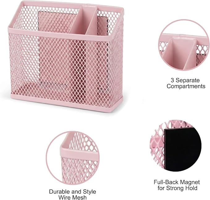 Neudeoc Locker Organizer Kit with Mesh Locker Shelf and Magnetic Pen Holders, 4-Piece Locker Accessories Set for School, Work & Gym, Foldable Stackable Metal Shelf, Fits Standard Lockers, Pink