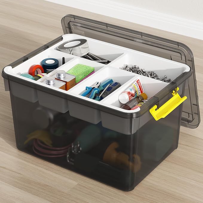 40Qt Large Stackable Storage Bin with Lid & Tray, Clear Plastic Latching Box Organizer with Divider Portable Container for Arts & Crafts, Home & Car Trunk Organization,Clear Grey,1Pack