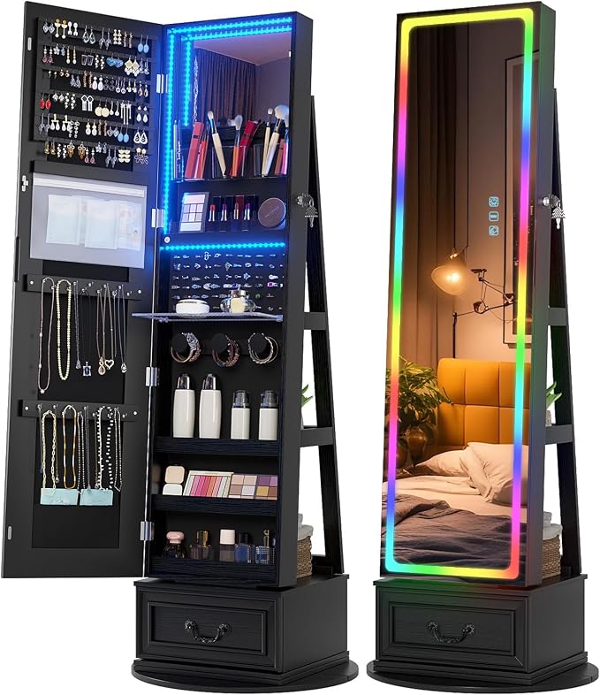 Vlsrka Jewelry Armoire with Full Length LED Mirror, 360° Swivel, Black | Standing Mirror with Storage, Lockable Jewelry Cabinet with Touch Screen & RGB Modes for Small Bedroom Spaces, Gift for Women