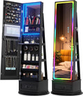 Vlsrka Jewelry Armoire with Full Length LED Mirror, 360° Swivel, Black | Standing Mirror with Storage, Lockable Jewelry Cabinet with Touch Screen & RGB Modes for Small Bedroom Spaces, Gift for Women