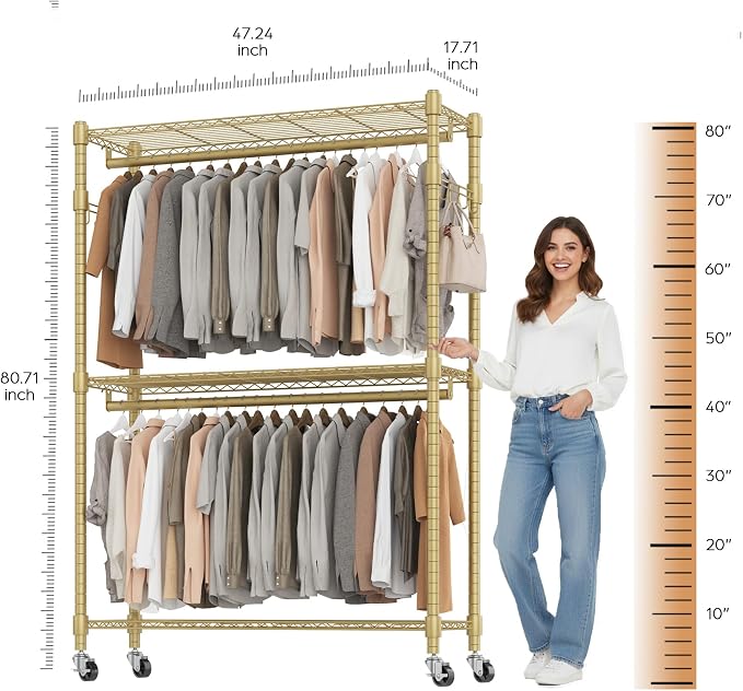 BATHWA Heavy Duty Rolling Garment Racks, 25mm Metal Pipe, 47.3"W x 17.7"D x 80.7"H Large Tall Portable Wardrobe Closet with 2 Rods, Wide Adjustable Shelves and Hangers, Clothing Hanging Storage, Gold