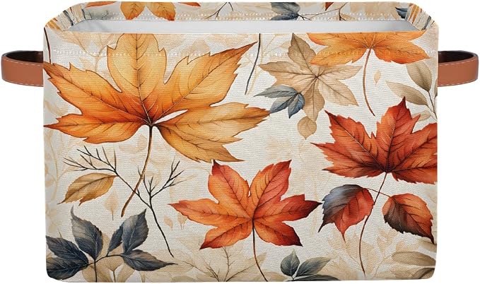 Rectangular Storage Bins Autumn Maple Leaves Pattern Collapsible Fabric Storage Basket Organizer with Handles for Nursery Bedroom Bathroom