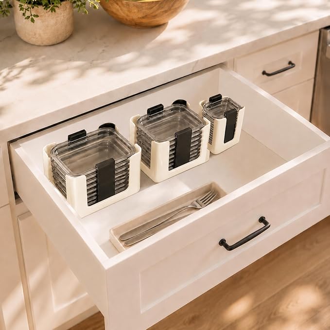 Food Container Lid Organizer for Rubbermaid Brilliance nap-on lids, 3-Pack Off white, Kitchen Cabinet Drawer & Pantry Storage